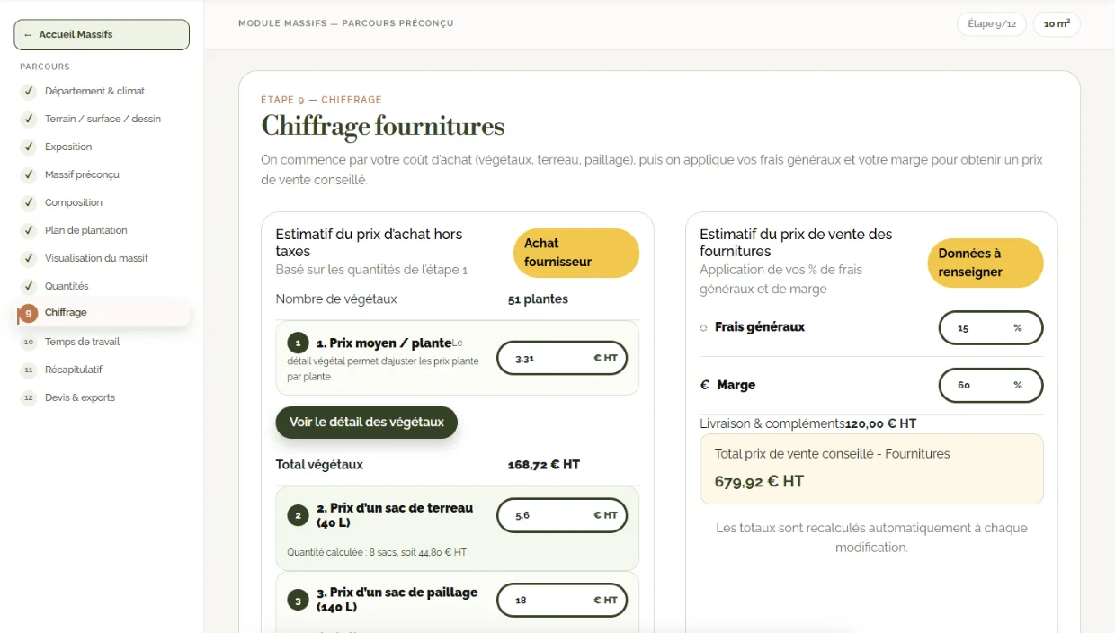 Écran CréaScape — chiffrage : frais généraux, marge et prix de vente conseillé
